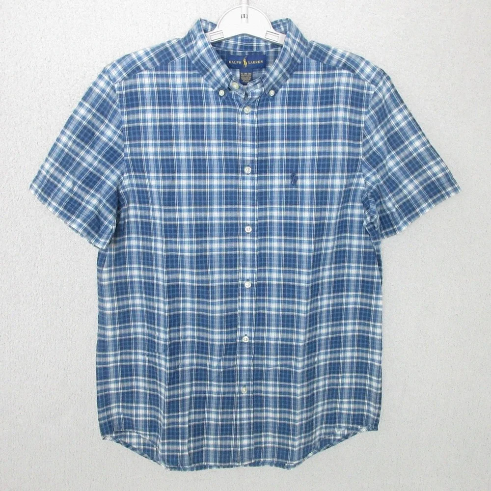 Ralph Lauren Button Down Shirt Blue Plaid Short‎ Sleeve Boys XL (18-20)